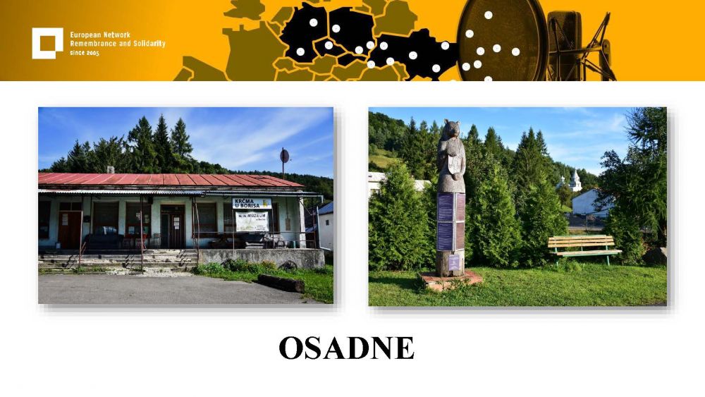 Presentation slide with two photos. On the left, a small white concrete building with a red roof stands on the hillside of a green hill. On the right photo, a bear-shaped monument stands in front of a row of trees. In the background, green hills.