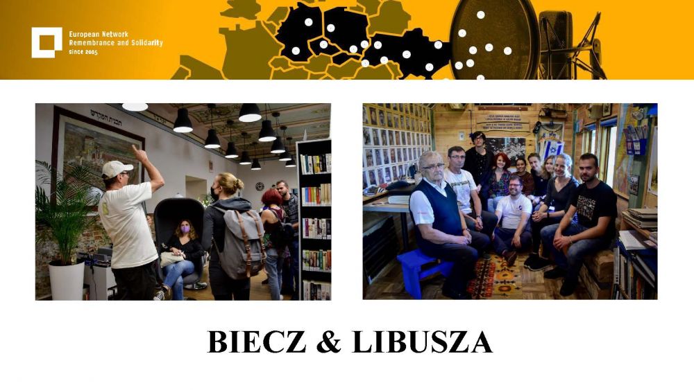 Presentation slide with two photos. Photography on the left presents a group of visitors in a modernized interior, with their guide pointing to the inscription in Hebrew on one of the wall. Photography on the right presents the same group of visitors in a small, wooden room, facing the camera smiling. The subtitle beneath reads: Biecz and Libusza.