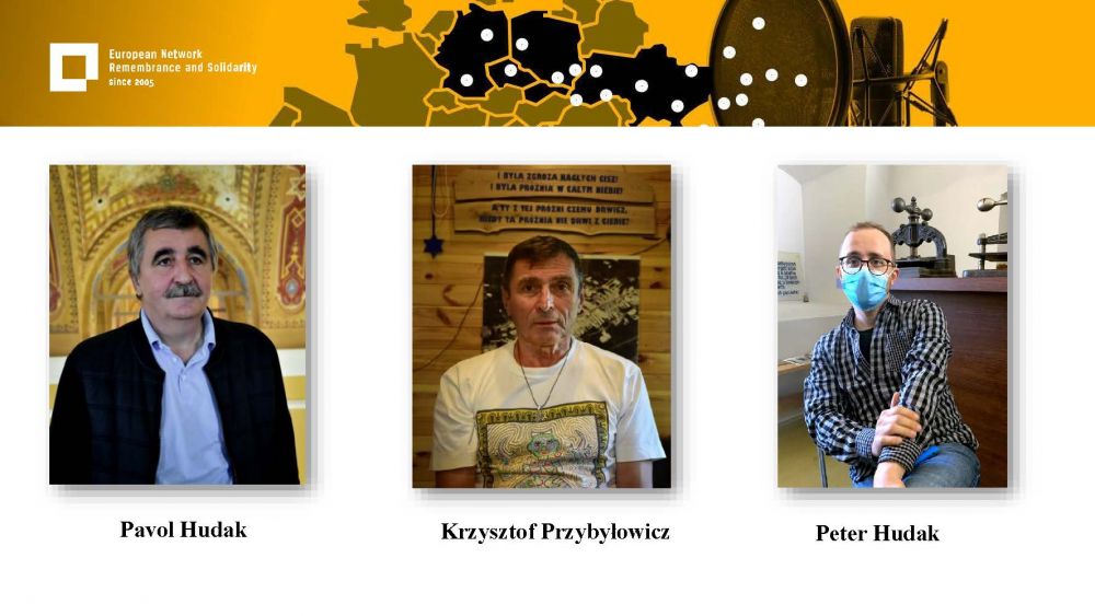 Presentation slide with photo portraits of three men. From left to right: Pavol Hudak, Krzysztof Przybyłowicz, Peter Hudak. Above all of it, a gold-yellow header with European Network remembrance and Solidarity.