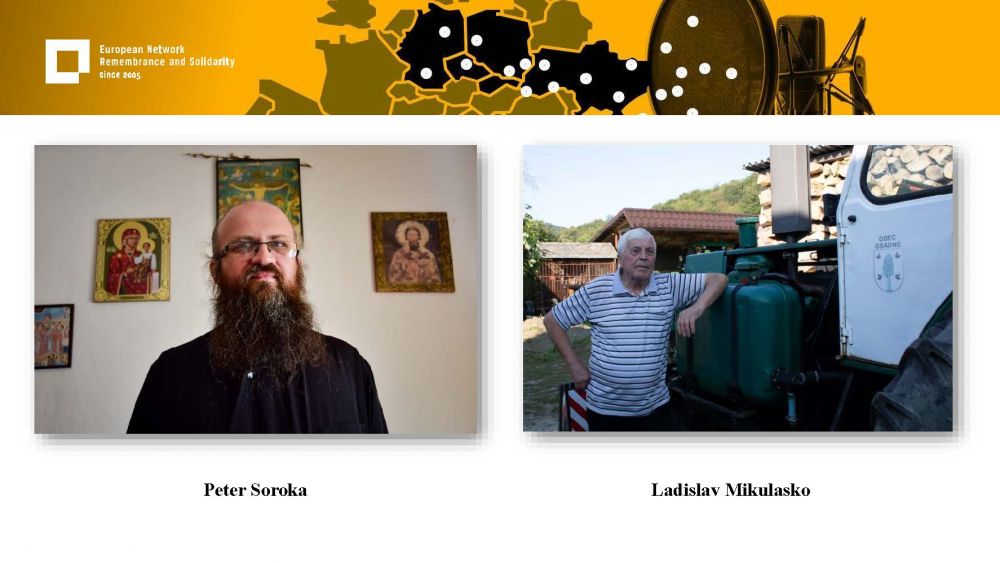 Presentation slide with photo portraits of two men. On the left, Peter Soroka photographed with three orthodox icons in the background. On the right, Ladislav Mikulasko photographed next to a large machine engine. Above all of it, a gold-yellow header with European Network remembrance and Solidarity.