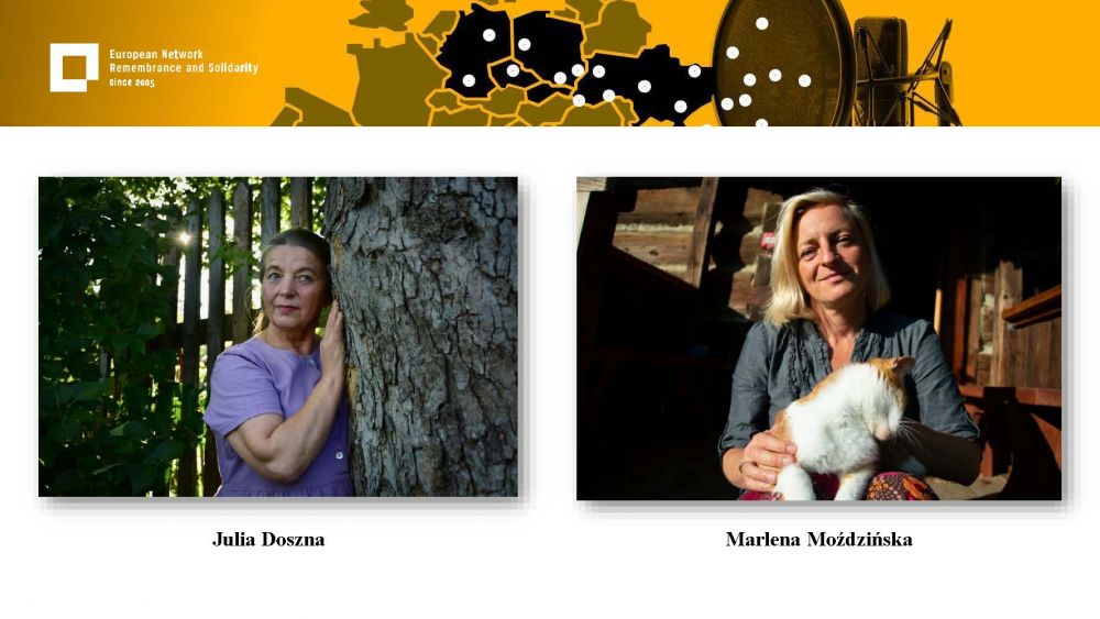 Presentation slide with photo portraits of two women. On the left, Julia Doszna photographed next to a tree. On the right, Marlena Moździńska photographed sitting with her cat. Above all of it, a gold-yellow header with European Network remembrance and Solidarity.