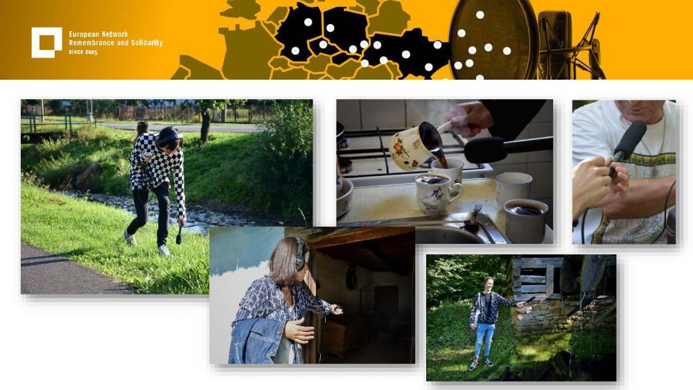 Presentation slide with five photos. They all present different instances of young participants of the project gathering ambient audio recordings - of walked-on grass, countryside noise, poured coffee - in different settings presented on previous slides.  Above all of it, a gold-yellow header with European Network remembrance and Solidarity.