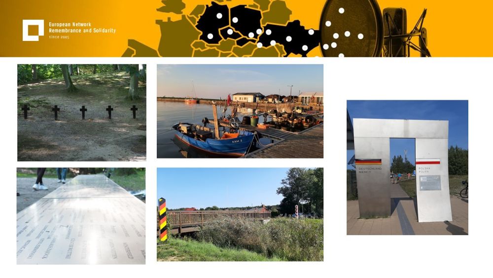Presentation slide. On it, five photos presenting different symbolical demarcations of the Polish-German border on Usedom island. Above all of it, a gold-yellow header with European Network remembrance and Solidarity.