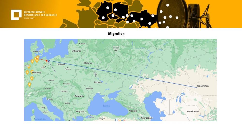 Presentation slide. It shows a large map covering Eastern and Central Europe. A long line is drawn from Kazakhstan to Usedom island, with a shorter line drawn from the center of Germany to the same point. In addition, some stair-shaped markers cover western parts of Germany.  Above all of it, a gold-yellow header with European Network remembrance and Solidarity.