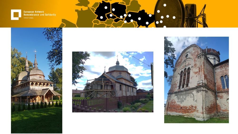 Presentation slide with three photos. All of them present different small orthodox-style churches in varied condition. Above all of it, a gold-yellow header with European Network remembrance and Solidarity.