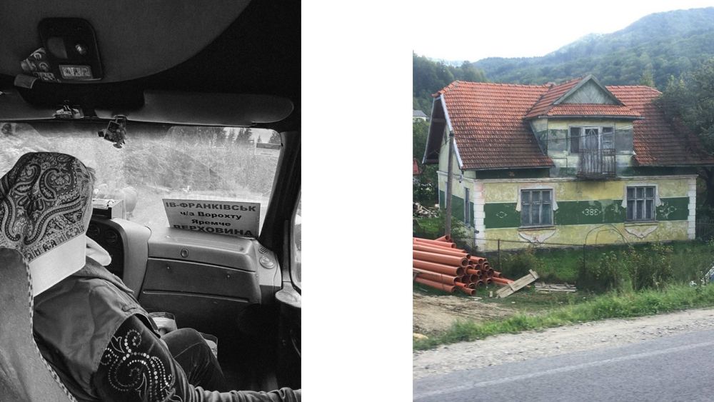 Presentation slide with two photos. In the one on the left, an inside of a small van bus with an older woman behind the wheel and Ukrainian plaque behind the windshield. It was taken in black and white. The colored photography on the right presents a village house in slightly runed-down condition.
