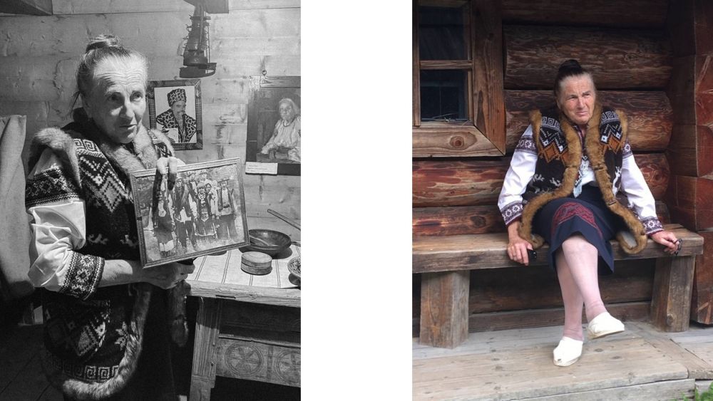 Presentation slide with two photos of the older woman. She is dressed in a traditional folk dress. In the black and white photo on the left, she stands in a wooden room, holding a framed picture of the family in front of her. In the colored picture on the right, she sits on a bench in front of a wooden cottage.