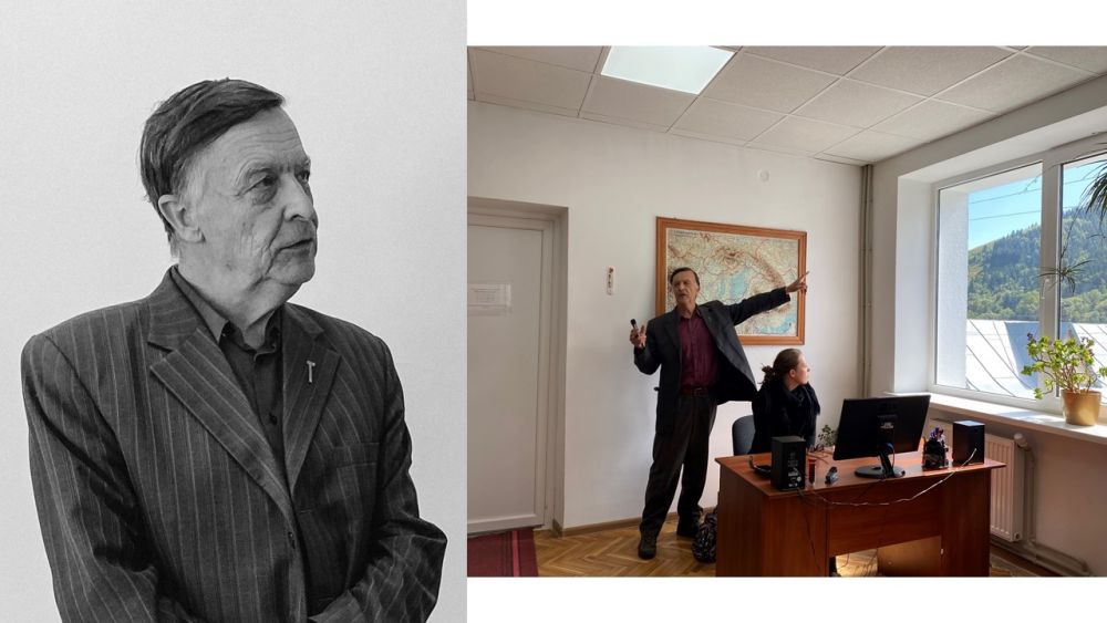 Presentation slide with two photos of the same man. On the left, his black and white portrait. In the colored photo on the right, He stands in a large office, pointing towards something behind the window. Also in the office, next to a man, a woman sits behind a desk with a computer on it. On a wall behind them, a map of the Pannonian Basin.