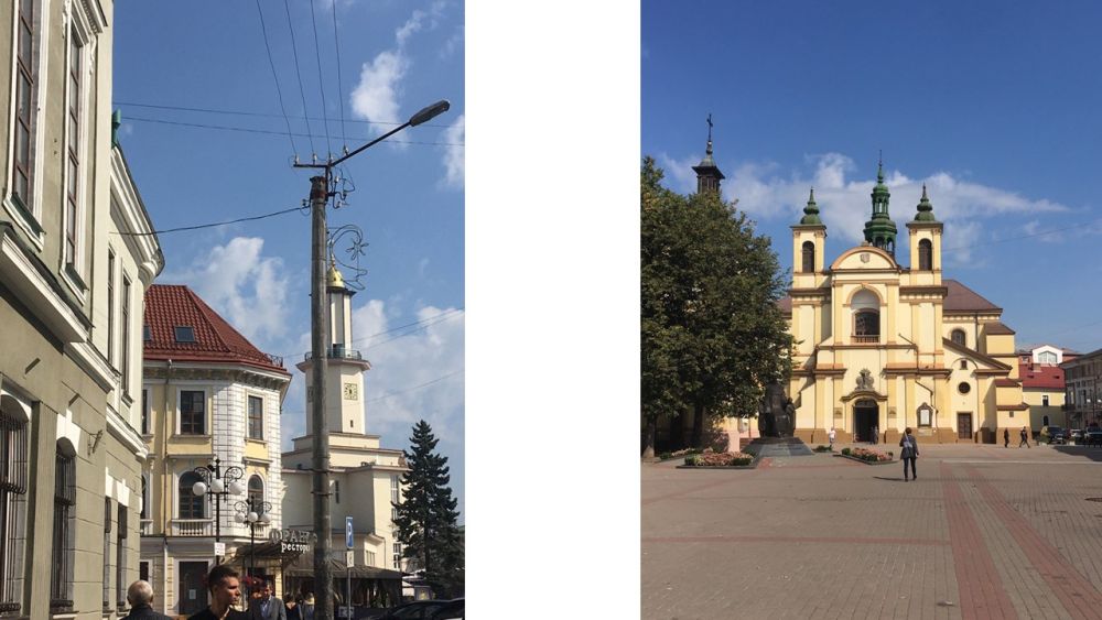 Presentation slide with two photos in it. Both show a Ukrainian town. In the photo on the left, an old town streat. In the photo on the right, an empty square in front of a baroque church painted in yellow.