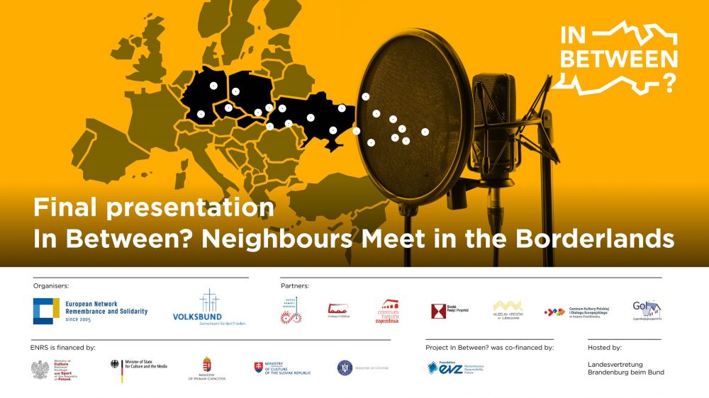 Graphic advertising the Final presentation of the In between? Neighbors Meet in the Borderlands. On the golden yellow background, the abstract contours of the political map of Europe are presented, with Germany, Czechia, Slovakia, Poland, and Ukraine highlighted. These countries are covered with white dots, which flow from the radio microphone on the right. In the corner, a white logotype of the In Between? program.