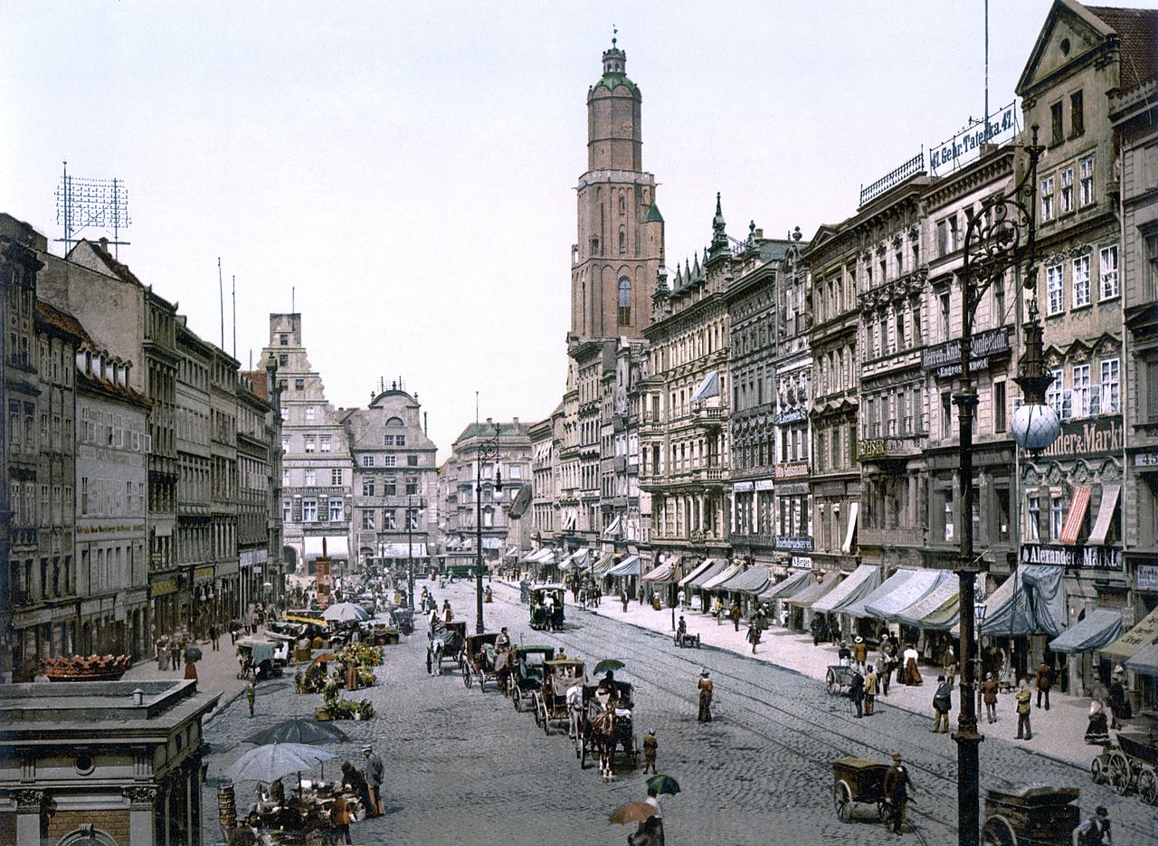 Market Square in Breslau, Germany (now Wrocław, Poland) ca. 1890-1900. View from the East.  Original image: Photochrom print (color photo lithograph)
Reproduction number: LC-DIG-ppmsca-01064 from Library of Congress, Prints and Photographs Division, Photochrom Prints Collection. Source: Wikimedia