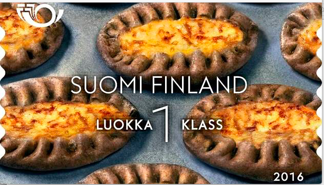 Fig. 7b. Karelia in everyday life in Finland: a Finnish postage stamp featuring Karelian pies. Image: Finnish Post Office (Posti)