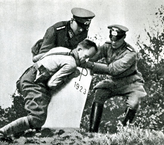 Nazis destroying border markers on the Polish-German border, 1939.