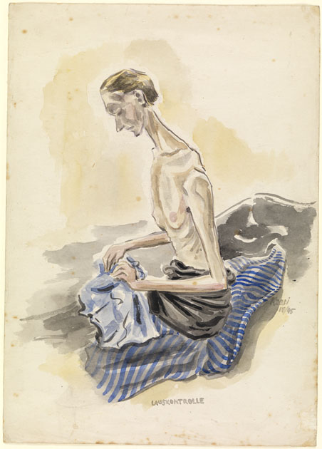 Lauskontrolle, checking garments for lice, April 1945